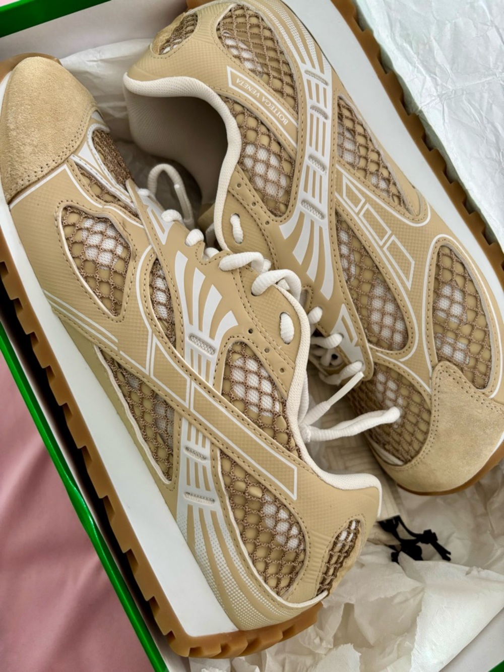 Bottega Veneta Beige and White Mesh Sneakers